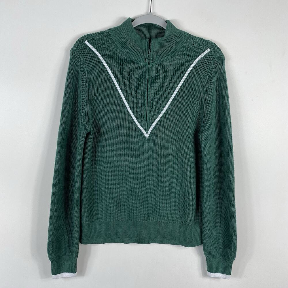 T By Talbots Sweater Medium Green Chevron Coolmax Half-Zip Pullover Cotton Blend - Picture 2 of 8